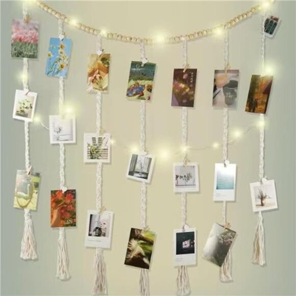 Macrame Wall Hanging Photo Display Pictures Wall with 45 Clips & String - Picture 6 of 16